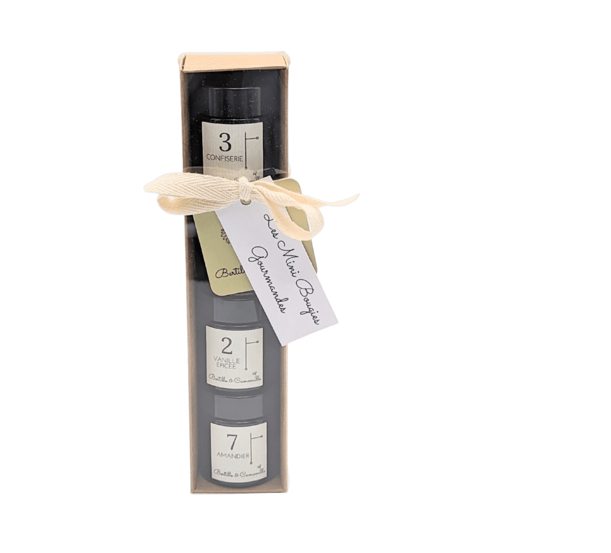 Coffret mini bougies gourmandes, contient 4 parfums différents, le tout dans une jolie boite en kraft.